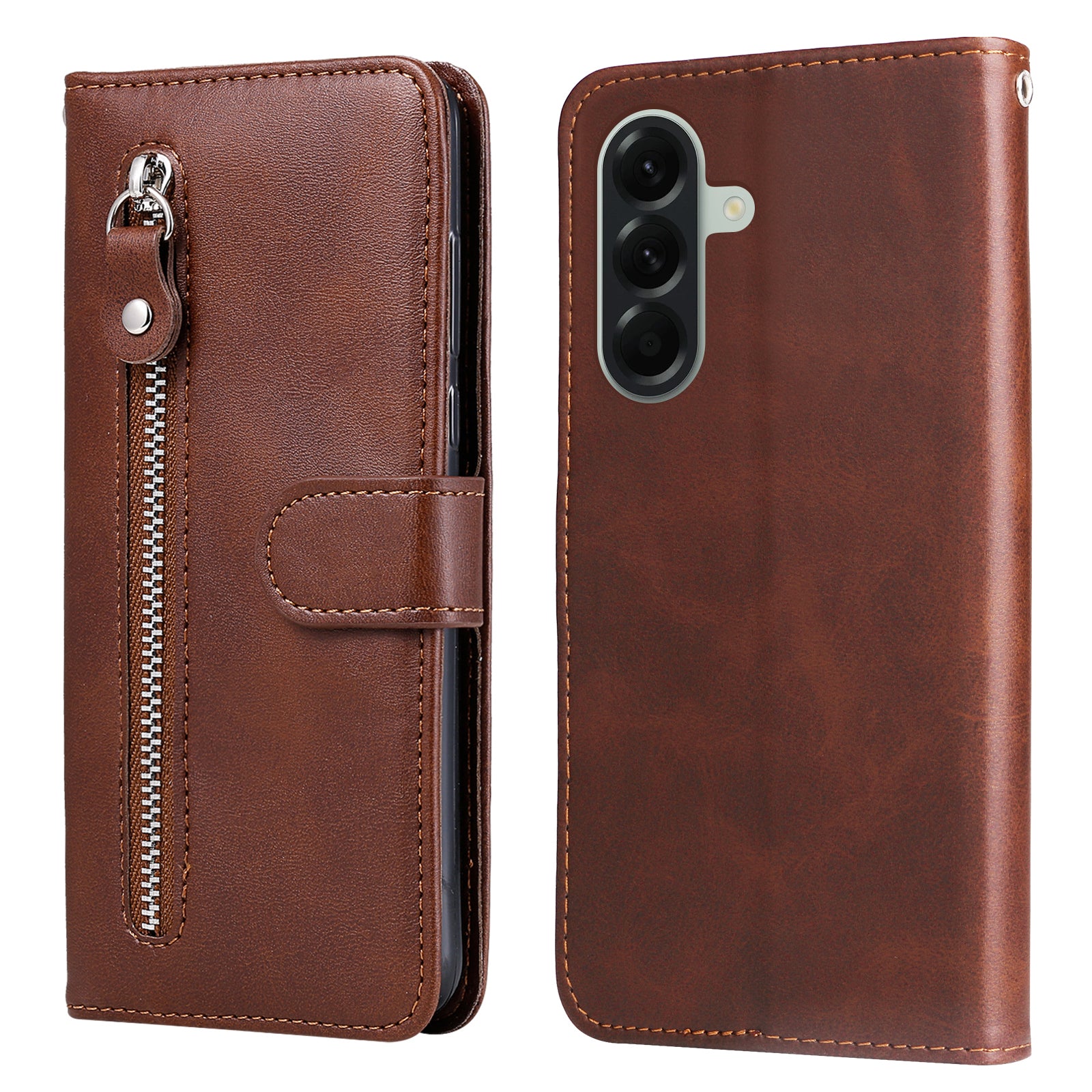 For Samsung Galaxy A57 5G PU Leather Cases with Zipper Pocket Wallet Phone Cover Stand - Brown