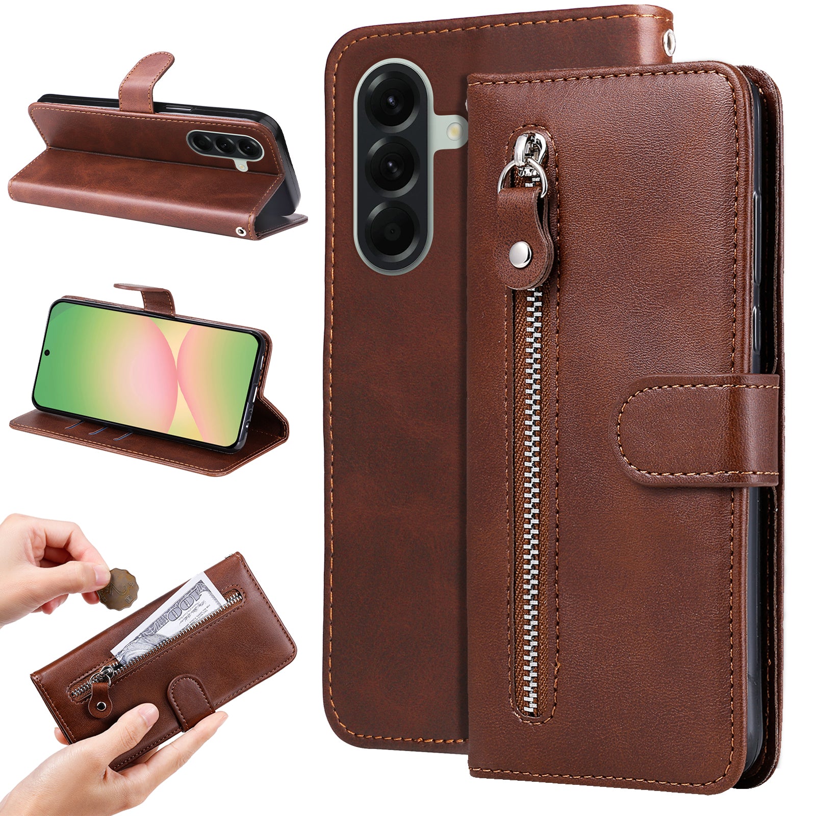 For Samsung Galaxy A57 5G PU Leather Cases with Zipper Pocket Wallet Phone Cover Stand - Brown