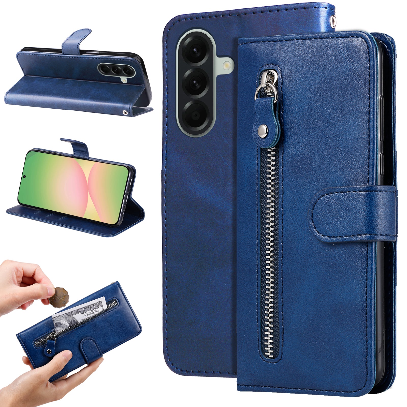 For Samsung Galaxy A57 5G PU Leather Cases with Zipper Pocket Wallet Phone Cover Stand - Blue