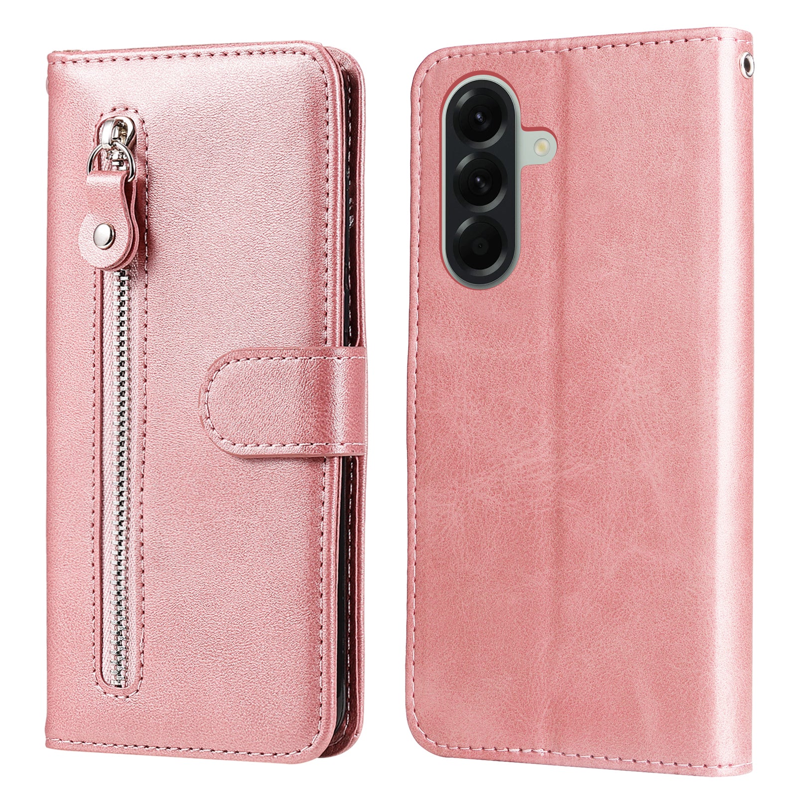 For Samsung Galaxy A57 5G PU Leather Cases with Zipper Pocket Wallet Phone Cover Stand - Pink