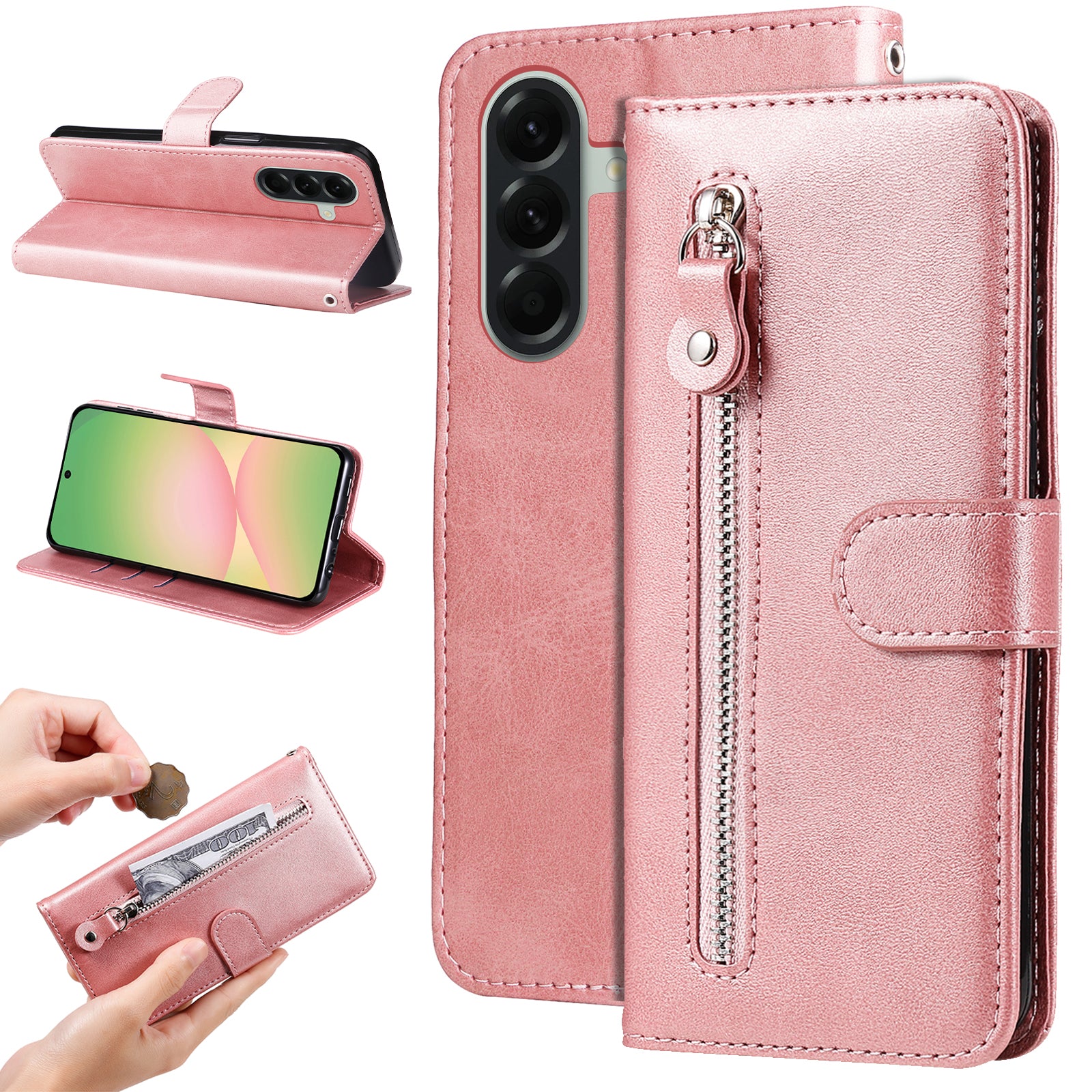 For Samsung Galaxy A57 5G PU Leather Cases with Zipper Pocket Wallet Phone Cover Stand - Pink