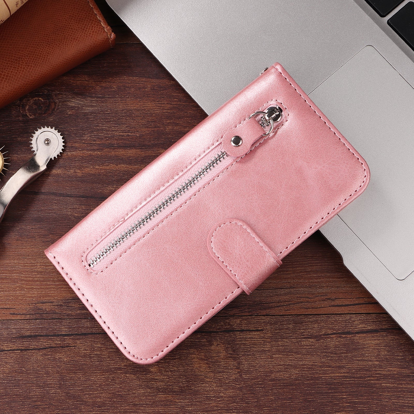 For Samsung Galaxy A57 5G PU Leather Cases with Zipper Pocket Wallet Phone Cover Stand - Pink