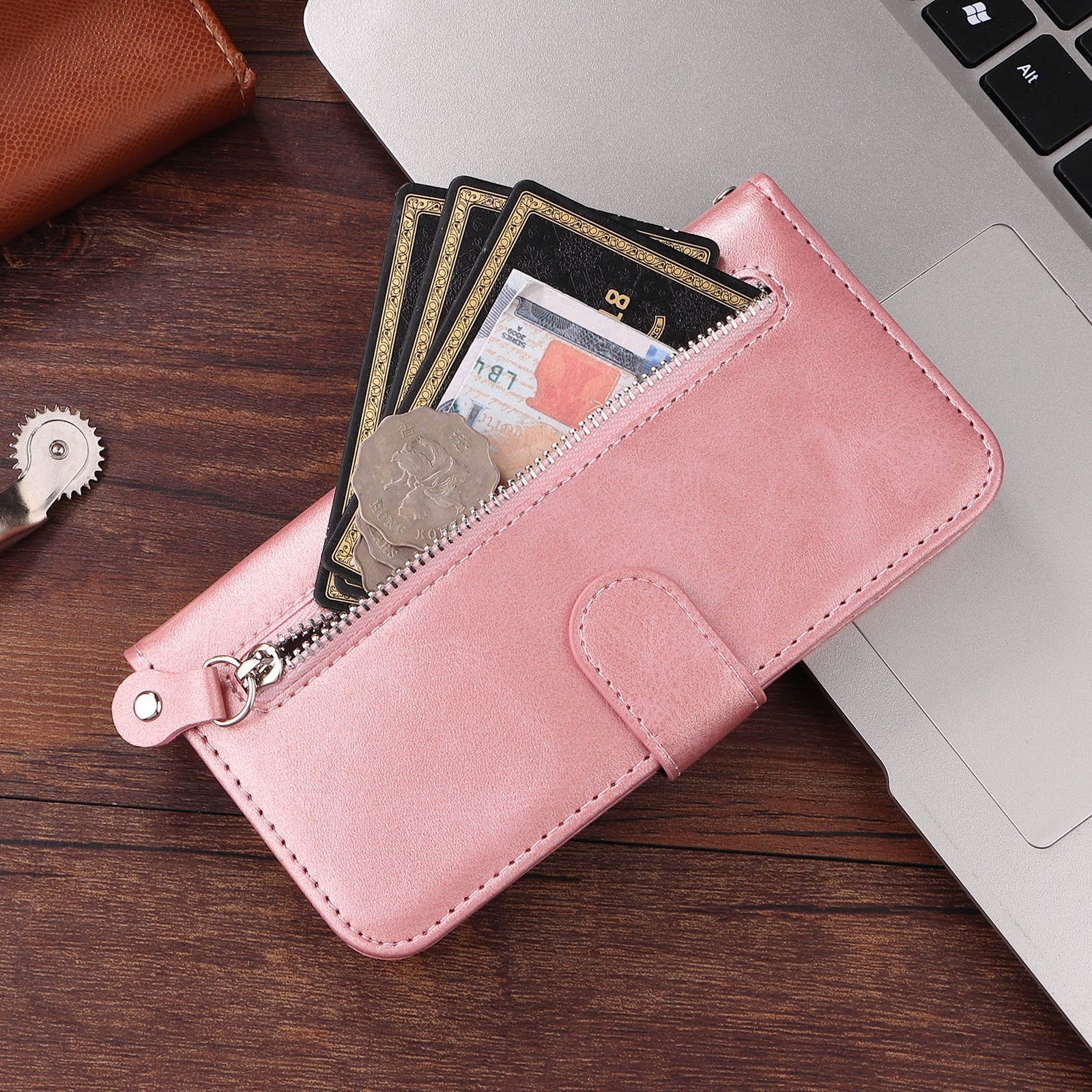 For Samsung Galaxy A57 5G PU Leather Cases with Zipper Pocket Wallet Phone Cover Stand - Pink