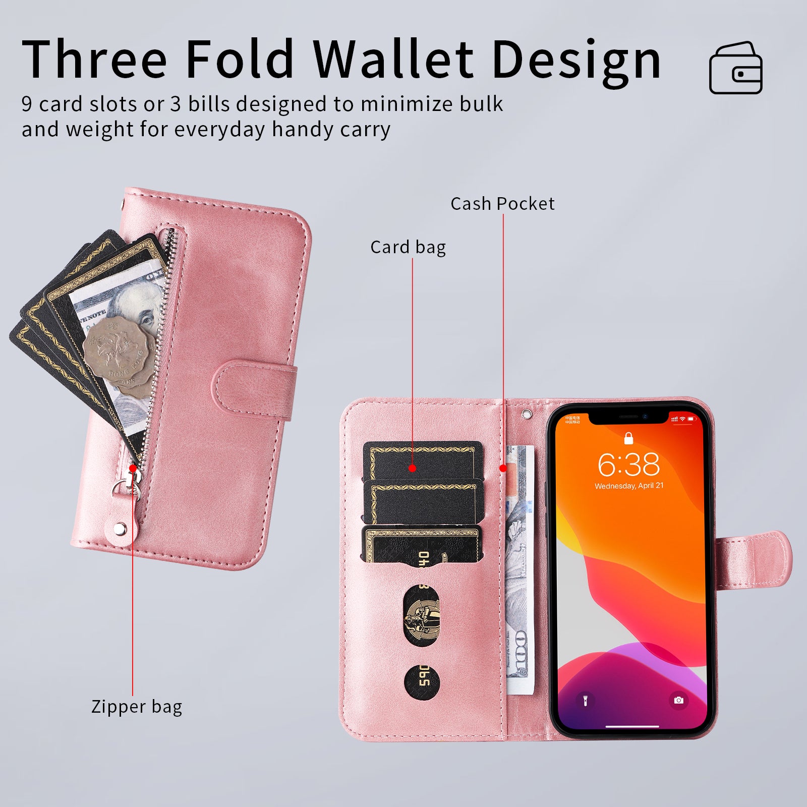 For Samsung Galaxy A57 5G PU Leather Cases with Zipper Pocket Wallet Phone Cover Stand - Pink