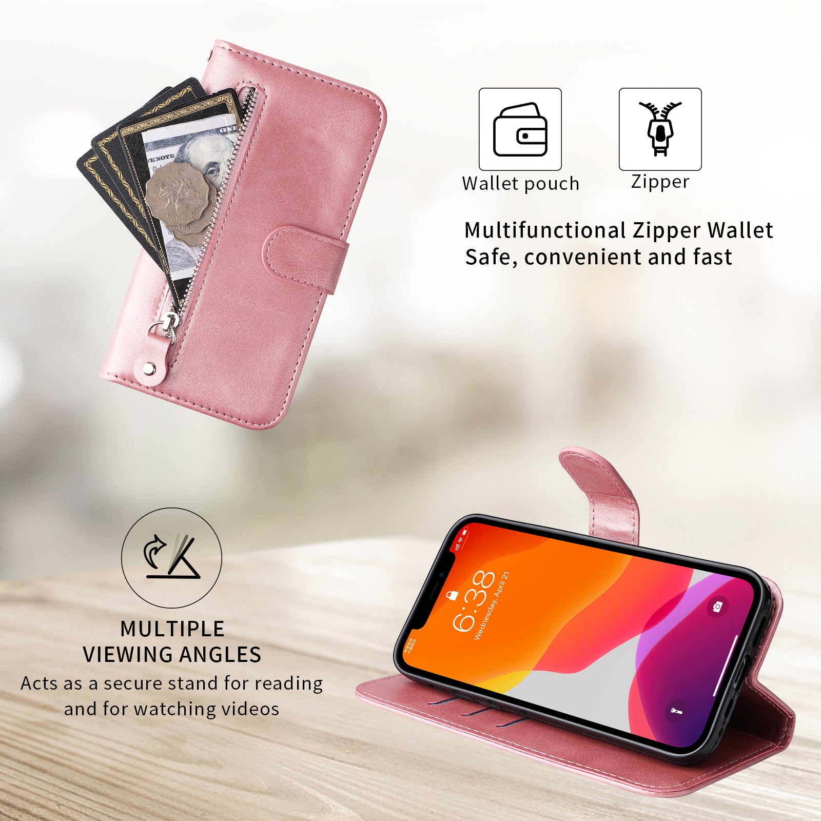 For Samsung Galaxy A57 5G PU Leather Cases with Zipper Pocket Wallet Phone Cover Stand - Pink