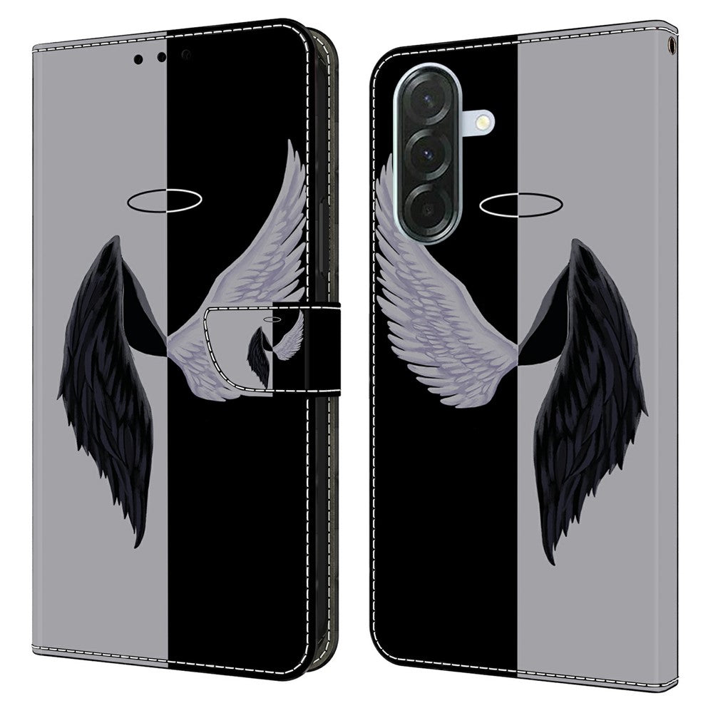 Phone Case For Samsung Galaxy A57 5G Magnetic Clasp 3D Pattern Leather Wallet Cover - Black  /  White Wings