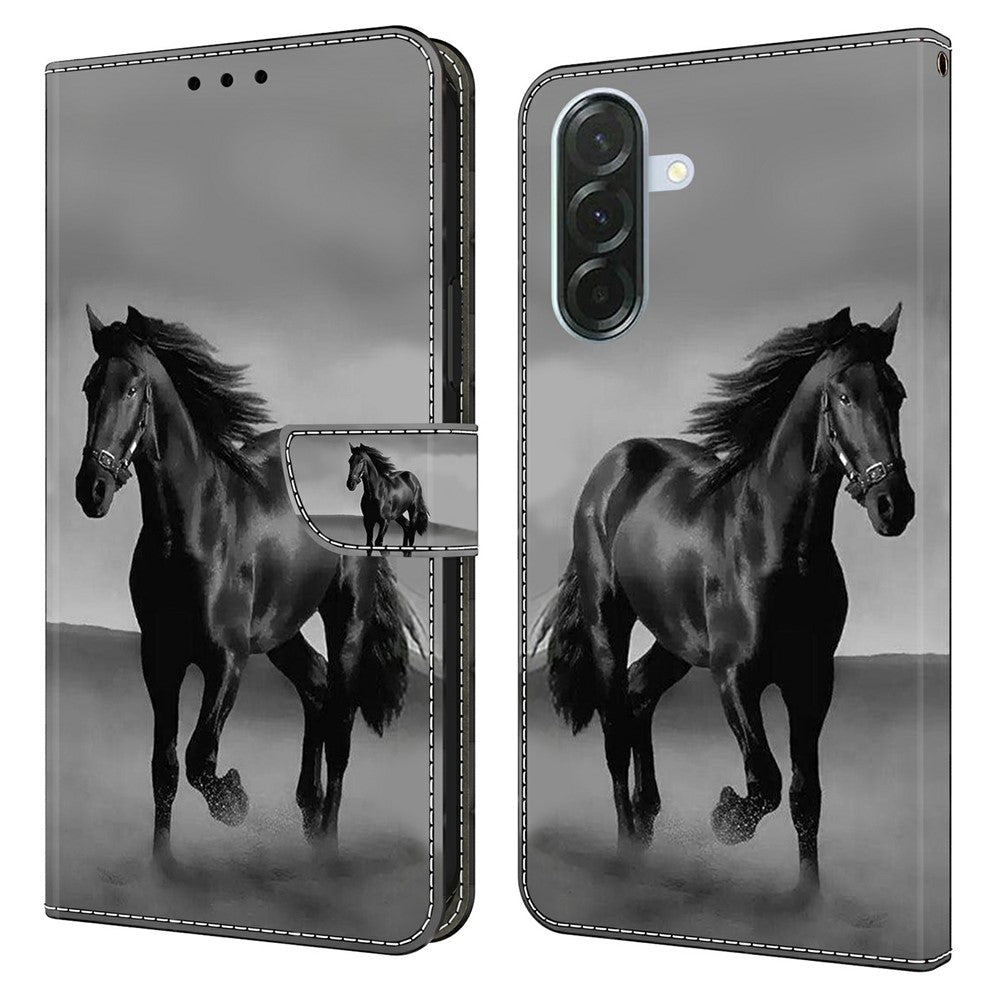 Phone Case For Samsung Galaxy A57 5G Magnetic Clasp 3D Pattern Leather Wallet Cover - Black Horse