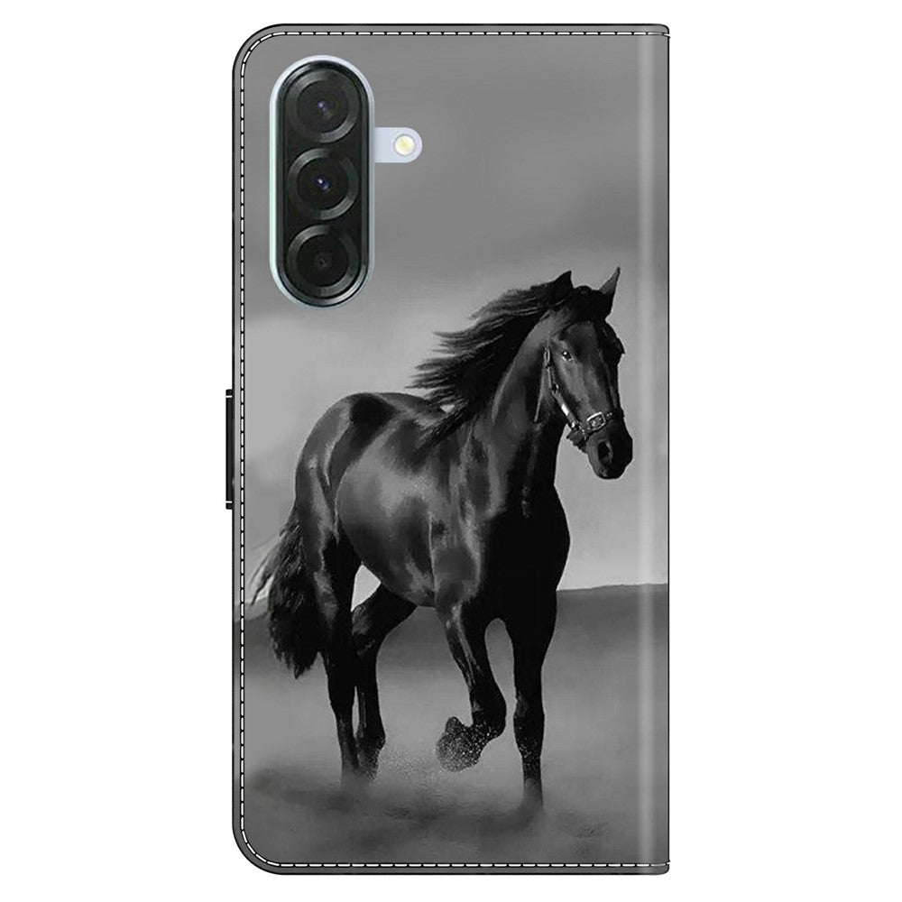 Phone Case For Samsung Galaxy A57 5G Magnetic Clasp 3D Pattern Leather Wallet Cover - Black Horse