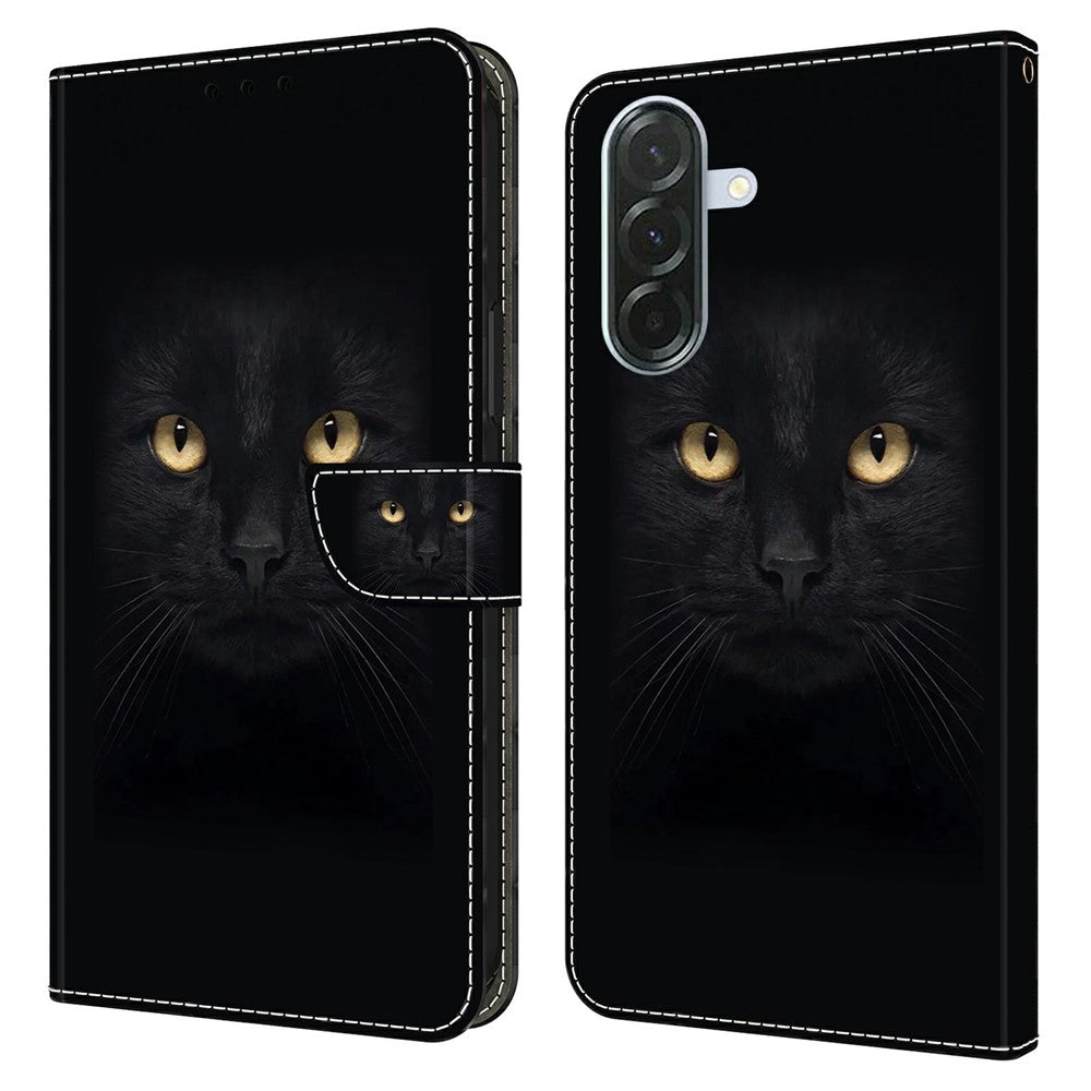 Phone Case For Samsung Galaxy A57 5G Magnetic Clasp 3D Pattern Leather Wallet Cover - Black Cat