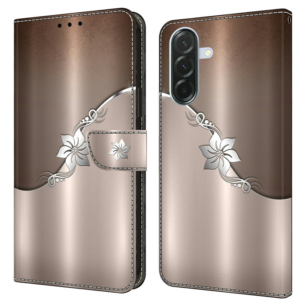 Phone Case For Samsung Galaxy A57 5G Magnetic Clasp 3D Pattern Leather Wallet Cover - Silver Flower