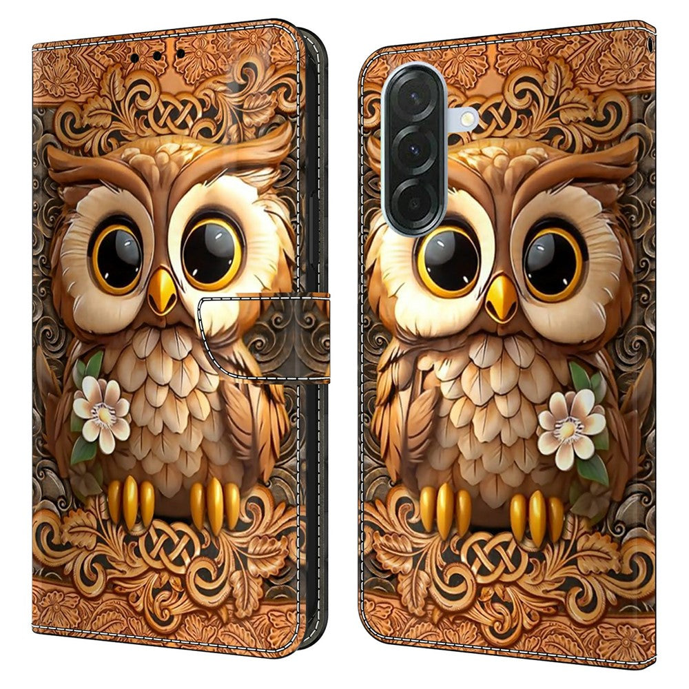 For Samsung Galaxy A57 5G Case with Card Slot Pattern Printed TPU + PU Leather Flip Phone Cover - Red Owl