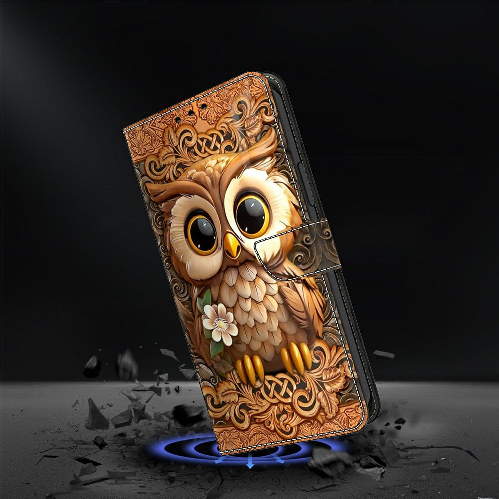 For Samsung Galaxy A57 5G Case with Card Slot Pattern Printed TPU + PU Leather Flip Phone Cover - Red Owl