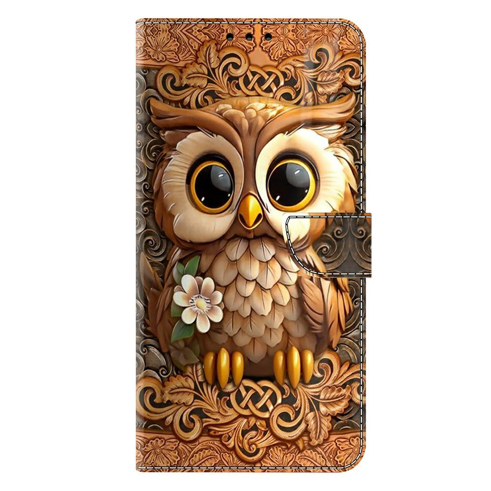 For Samsung Galaxy A57 5G Case with Card Slot Pattern Printed TPU + PU Leather Flip Phone Cover - Red Owl