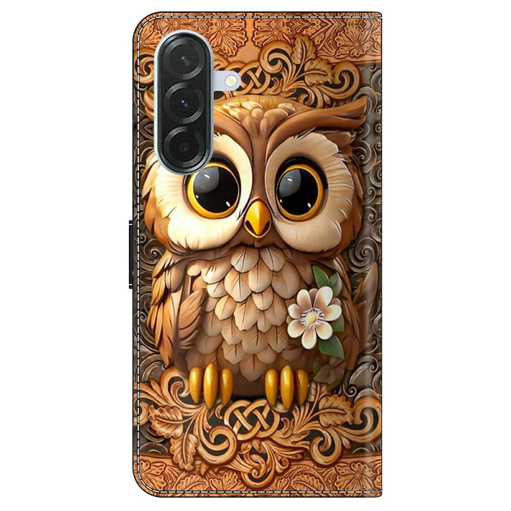 For Samsung Galaxy A57 5G Case with Card Slot Pattern Printed TPU + PU Leather Flip Phone Cover - Red Owl