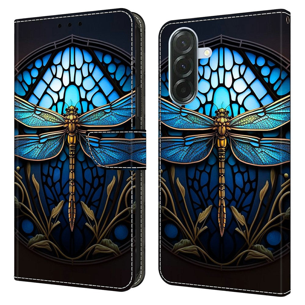 For Samsung Galaxy A57 5G Case with Card Slot Pattern Printed TPU + PU Leather Flip Phone Cover - Blue Dragonfly
