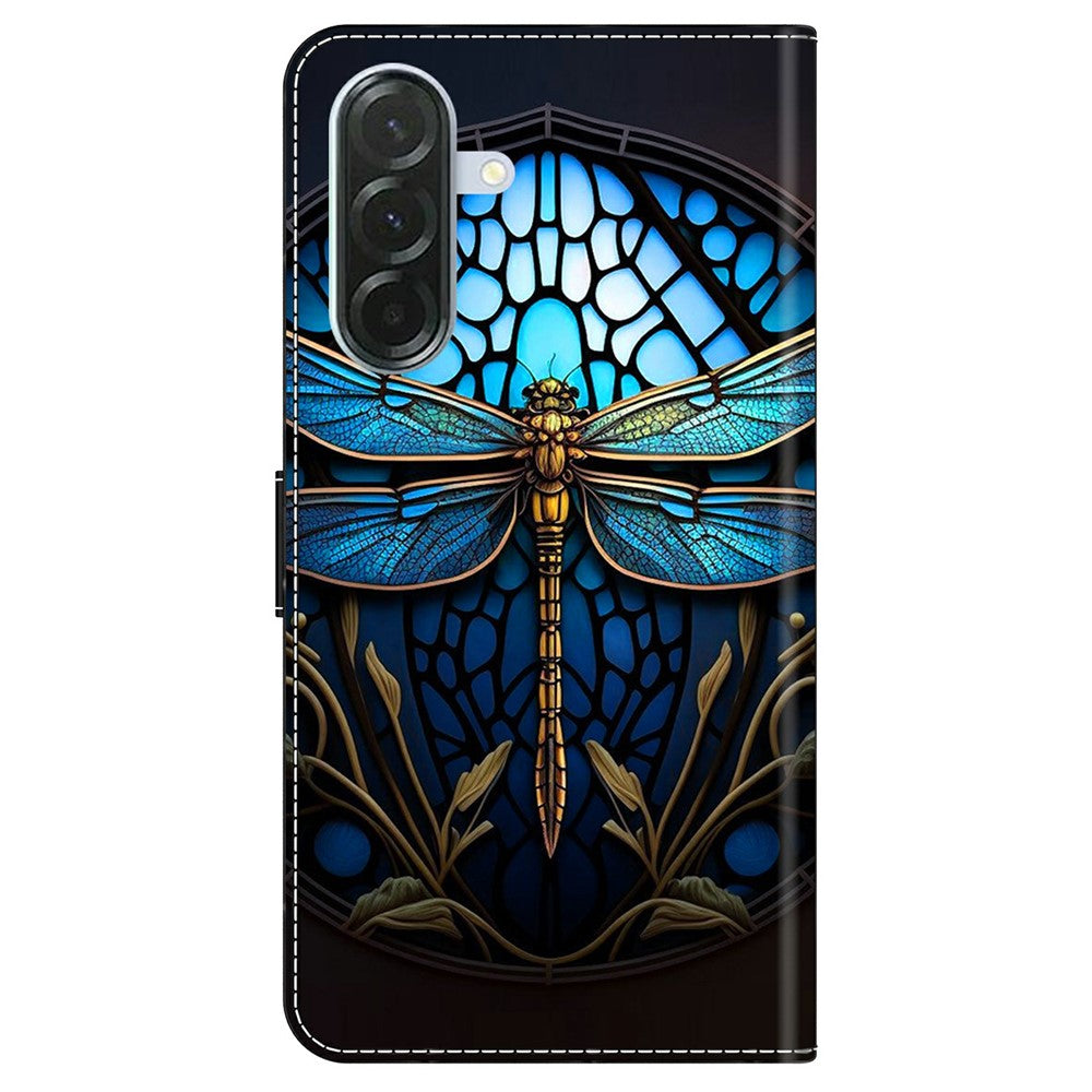 For Samsung Galaxy A57 5G Case with Card Slot Pattern Printed TPU + PU Leather Flip Phone Cover - Blue Dragonfly