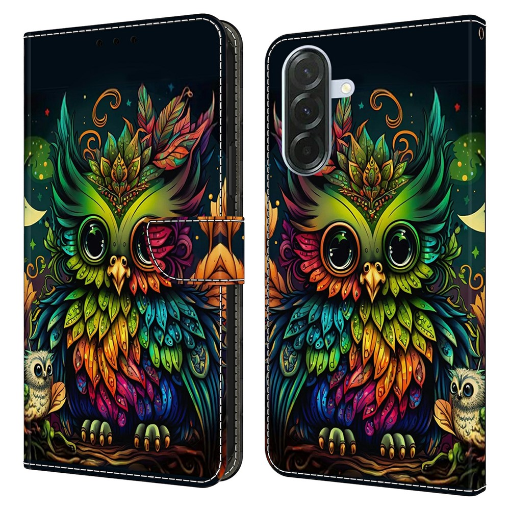 For Samsung Galaxy A57 5G Case with Card Slot Pattern Printed TPU + PU Leather Flip Phone Cover - Colorful Owl