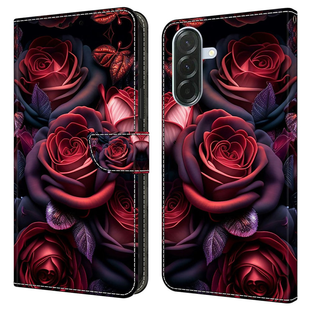 For Samsung Galaxy A57 5G Wallet Case Pattern Printing Stand Leather Flip Phone Cover - Black Rose