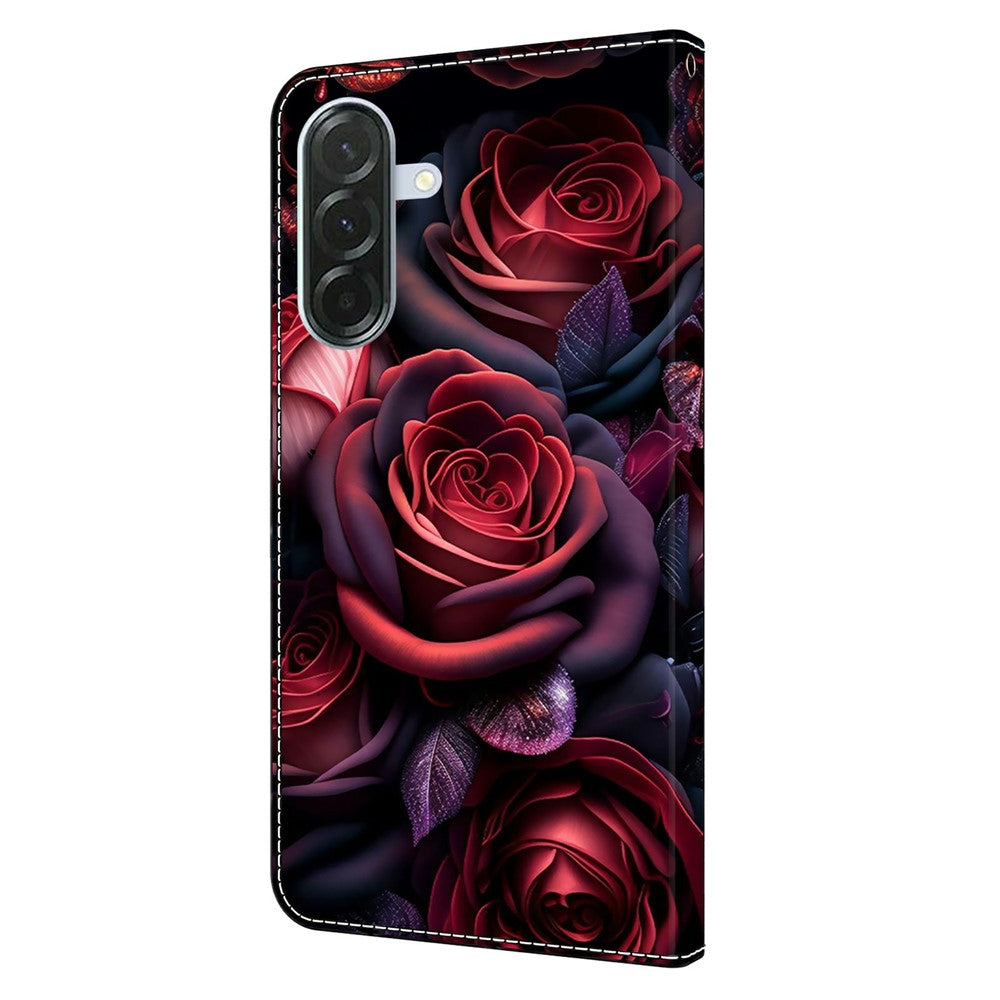 For Samsung Galaxy A57 5G Wallet Case Pattern Printing Stand Leather Flip Phone Cover - Black Rose