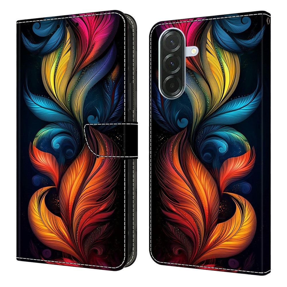 For Samsung Galaxy A57 5G Leather Case Pattern Printing Wallet Stand Flip Phone Cover - Colorful Feathers