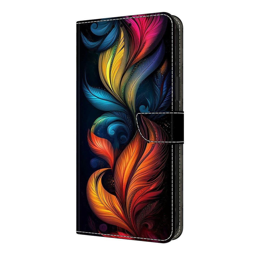 For Samsung Galaxy A57 5G Leather Case Pattern Printing Wallet Stand Flip Phone Cover - Colorful Feathers