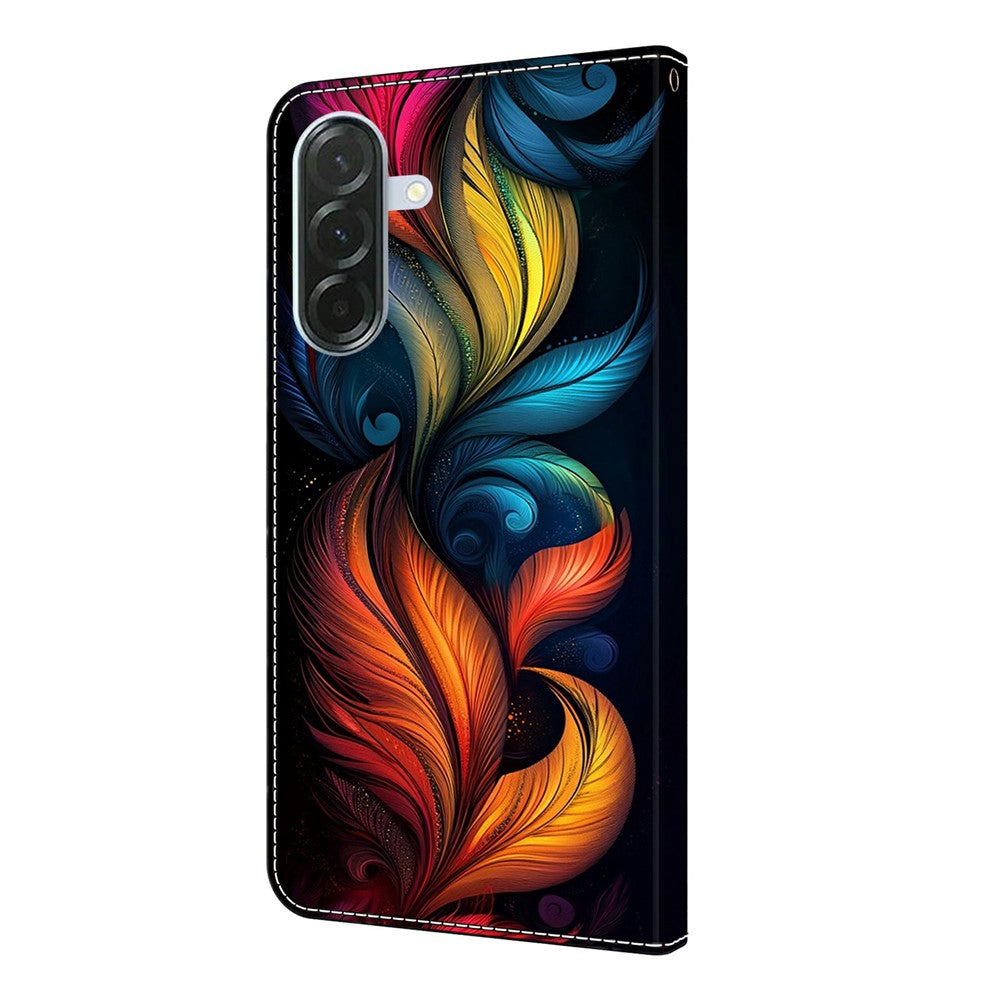 For Samsung Galaxy A57 5G Leather Case Pattern Printing Wallet Stand Flip Phone Cover - Colorful Feathers