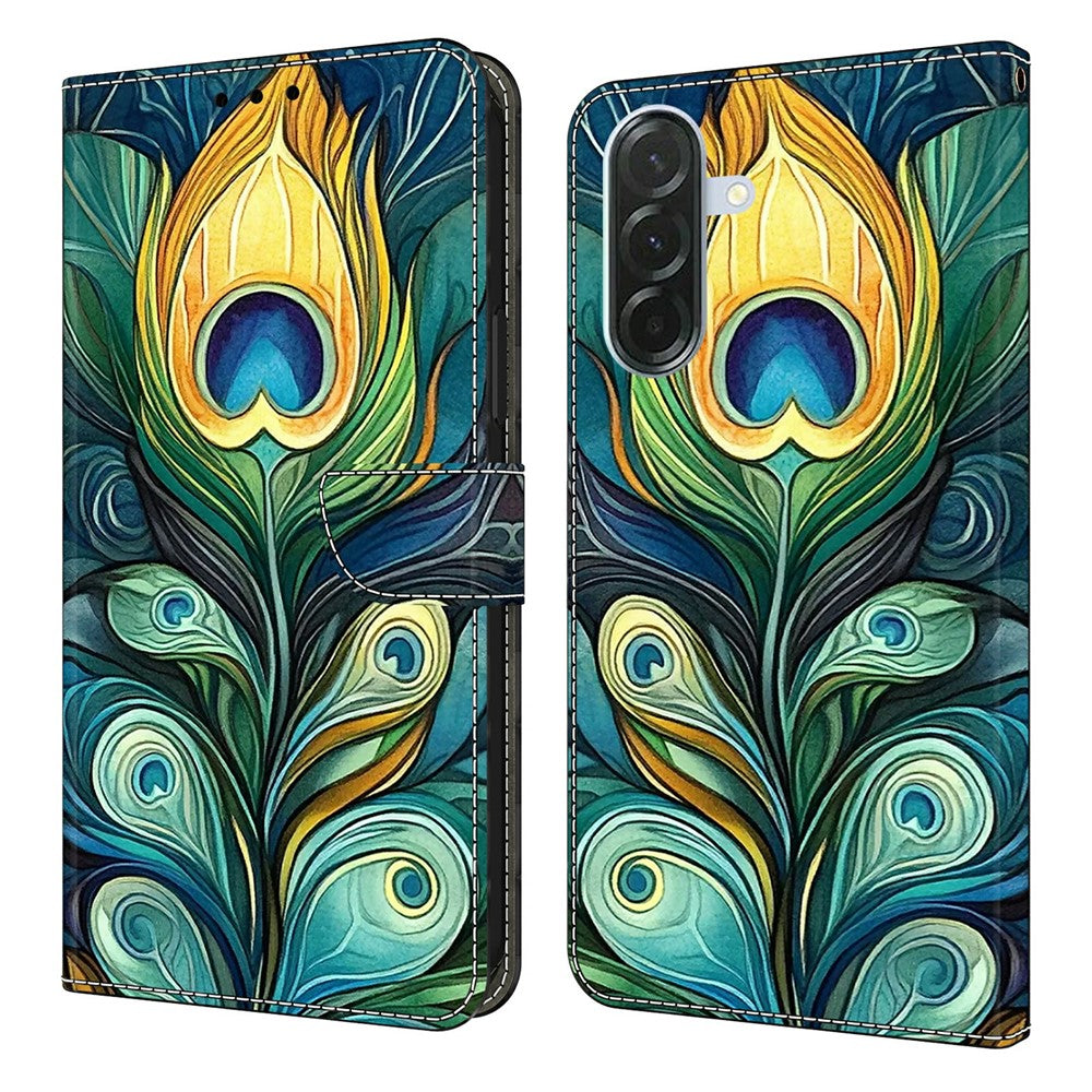 For Samsung Galaxy A57 5G Leather Case Pattern Printing Wallet Stand Flip Phone Cover - Green Feathers