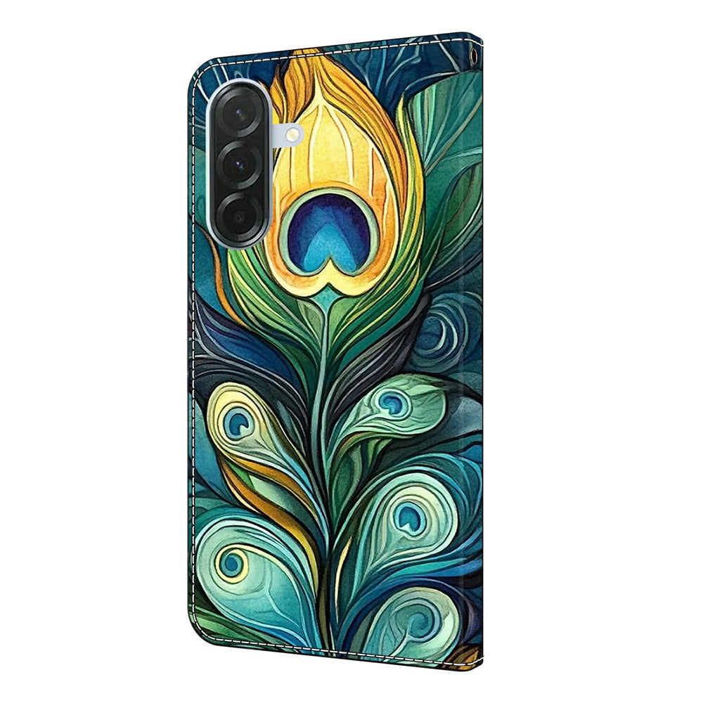 For Samsung Galaxy A57 5G Leather Case Pattern Printing Wallet Stand Flip Phone Cover - Green Feathers