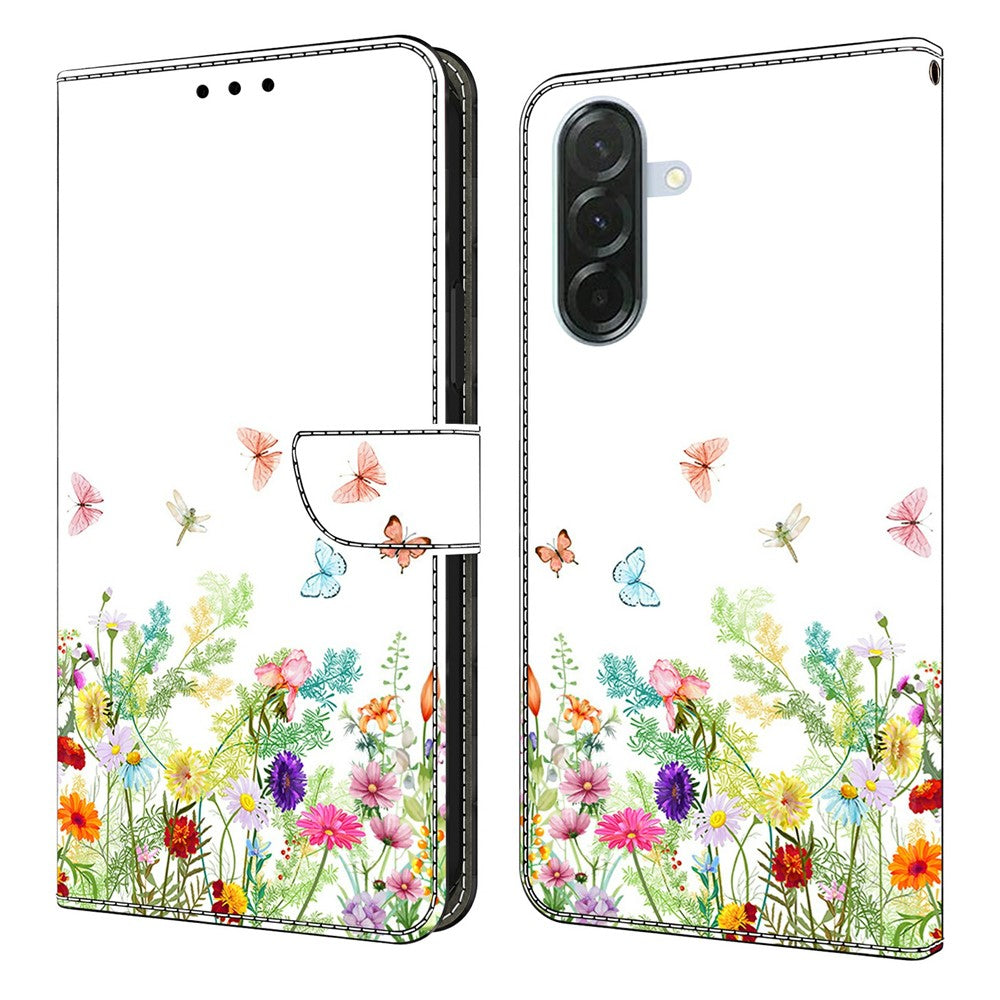 For Samsung Galaxy A57 5G Leather Case Pattern Printing Wallet Stand Flip Phone Cover - Flowers and Grass