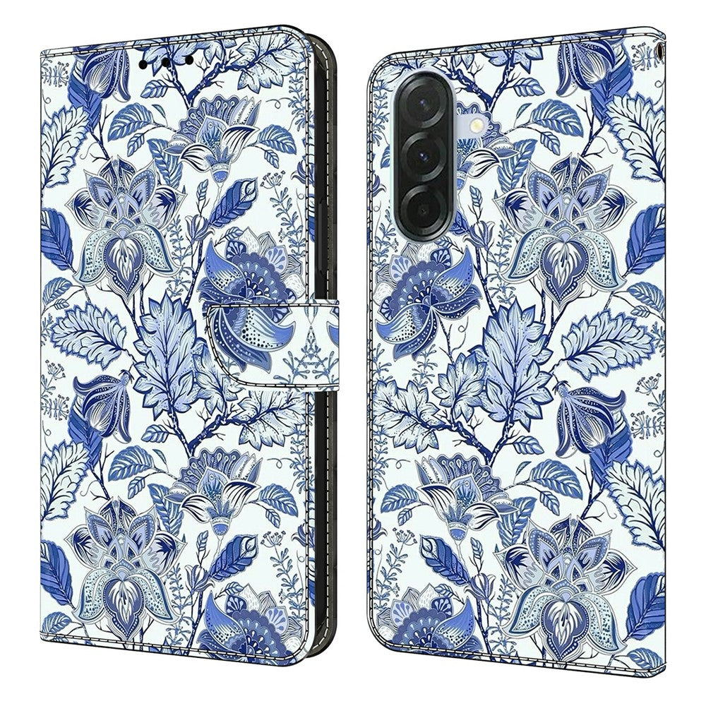 For Samsung Galaxy A57 5G Leather Case Pattern Printing Wallet Stand Flip Phone Cover - Blue Flower Bush