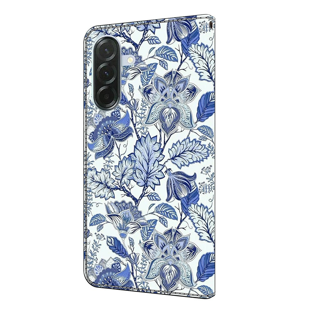 For Samsung Galaxy A57 5G Leather Case Pattern Printing Wallet Stand Flip Phone Cover - Blue Flower Bush