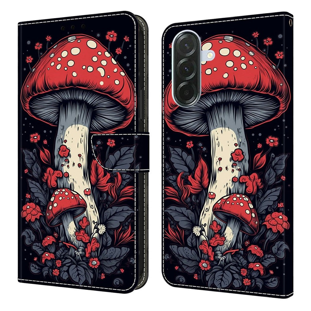 For Samsung Galaxy A57 5G Leather Case Pattern Printing Wallet Stand Flip Phone Cover - Red Mushroom