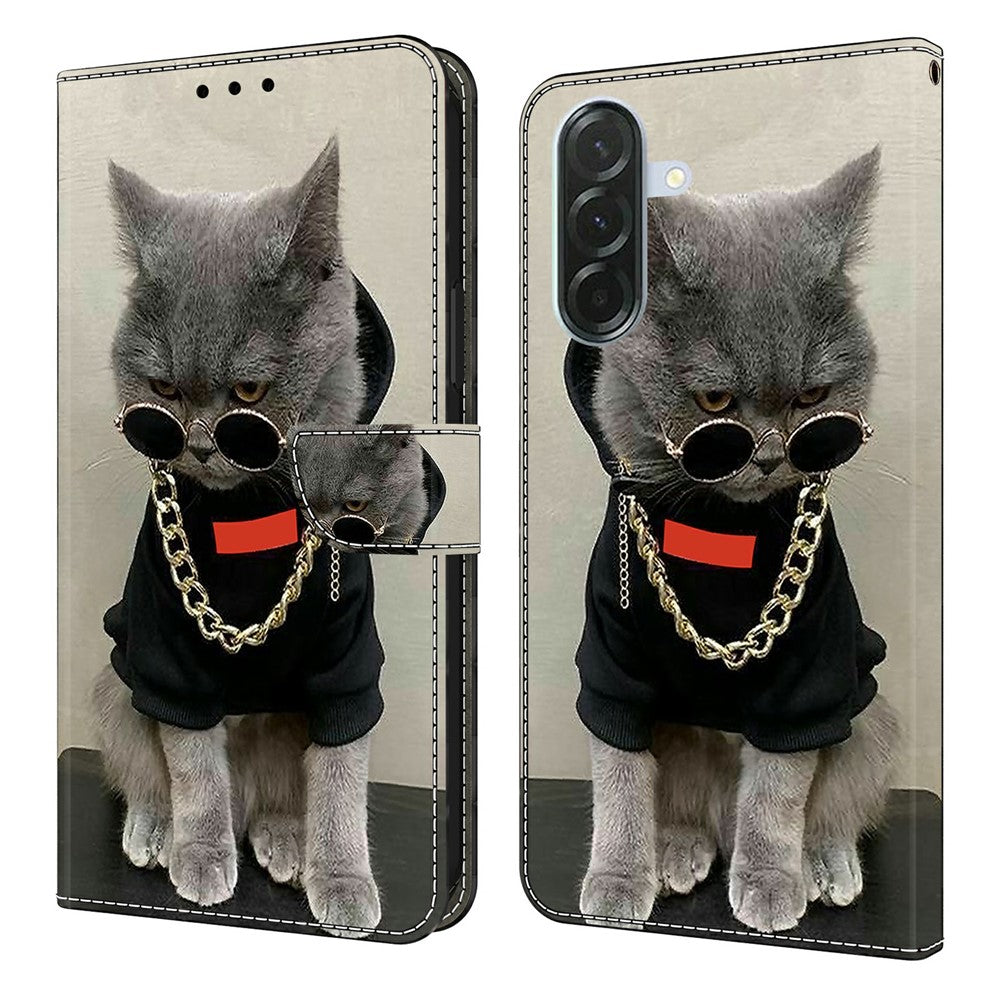 For Samsung Galaxy A57 5G Leather Case Pattern Printing Wallet Stand Flip Phone Cover - Cat with Glasses and Necklace