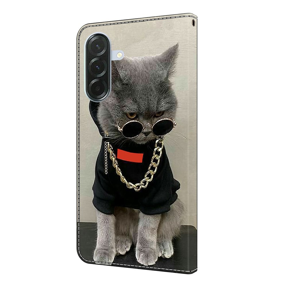 For Samsung Galaxy A57 5G Leather Case Pattern Printing Wallet Stand Flip Phone Cover - Cat with Glasses and Necklace