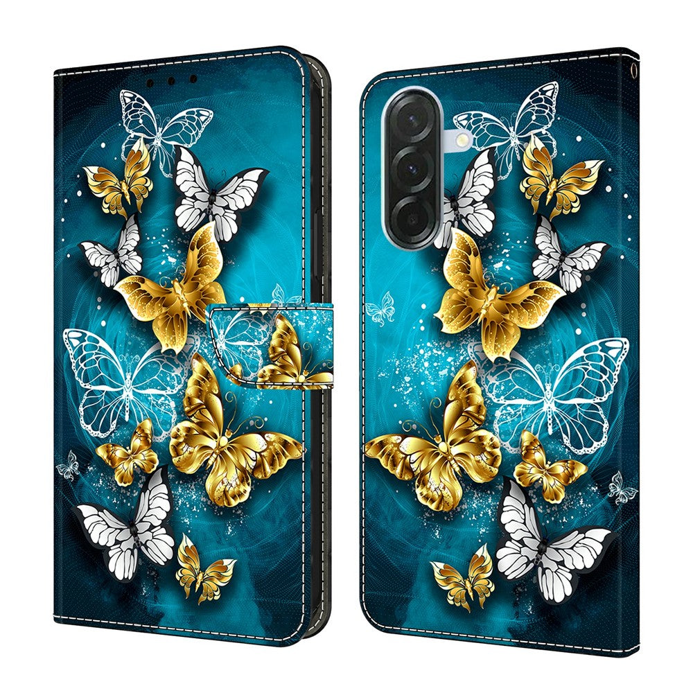 For Samsung Galaxy A57 5G Case Wallet Stand Pattern Printing PU Leather Flip Phone Cover - Gold Butterfly on Green