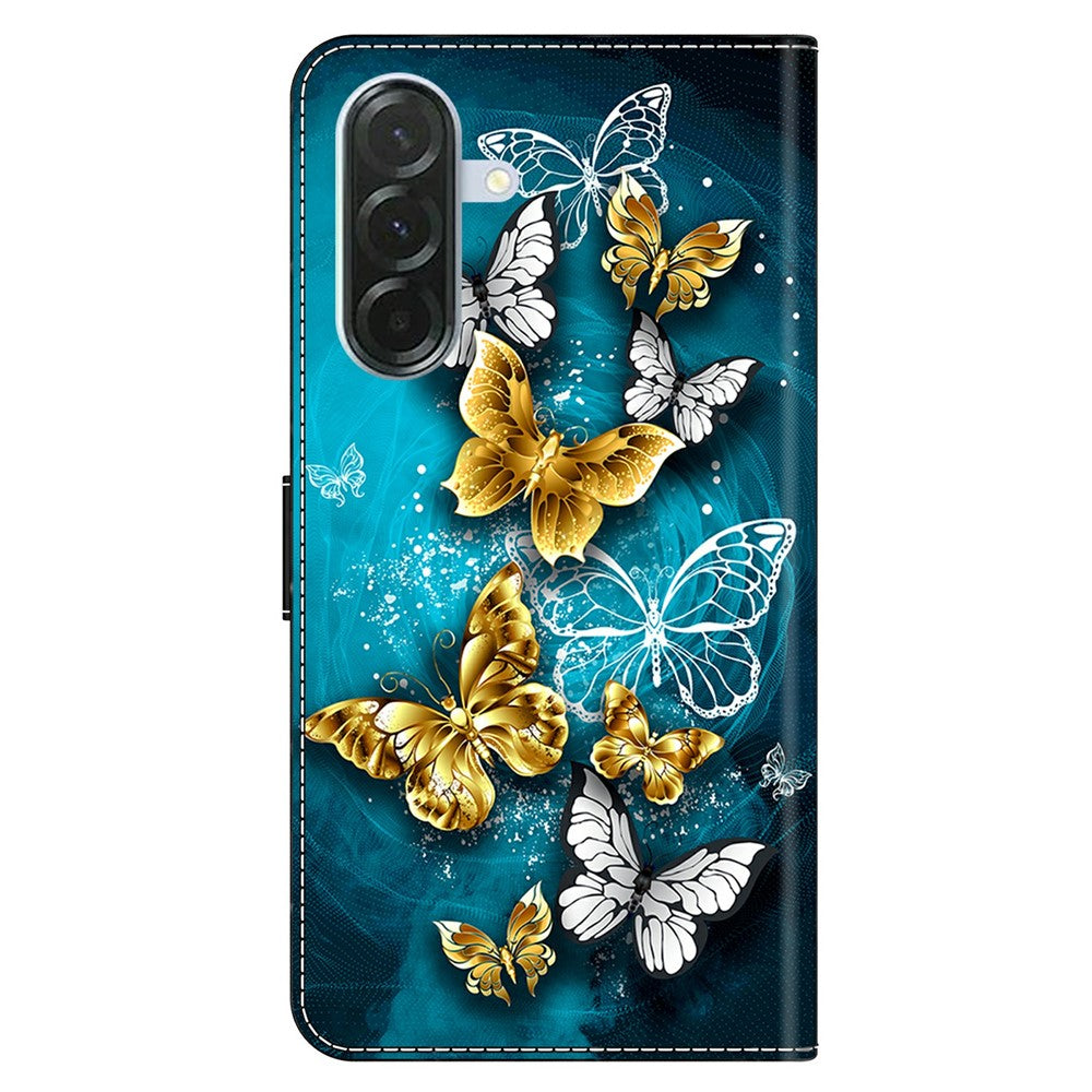 For Samsung Galaxy A57 5G Case Wallet Stand Pattern Printing PU Leather Flip Phone Cover - Gold Butterfly on Green