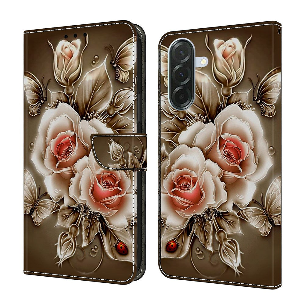 For Samsung Galaxy A57 5G Case Wallet Stand Pattern Printing PU Leather Flip Phone Cover - Brown Rose