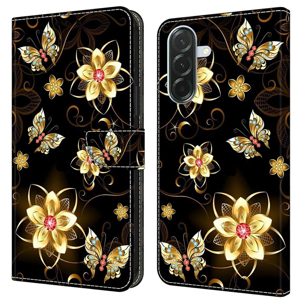 For Samsung Galaxy A57 5G Wallet Case Pattern Printing PU Leather Flip Stand Phone Cover - Golden Flowers and Butterflies