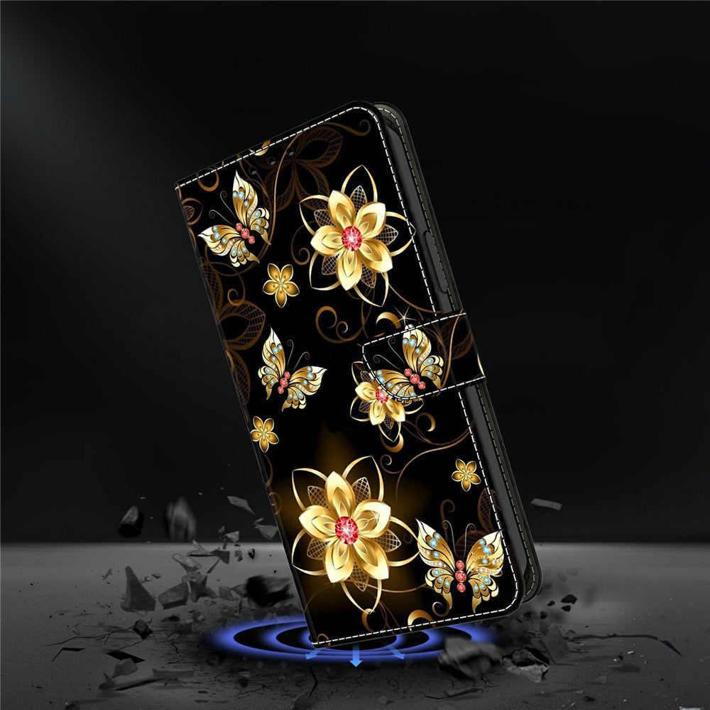 For Samsung Galaxy A57 5G Wallet Case Pattern Printing PU Leather Flip Stand Phone Cover - Golden Flowers and Butterflies