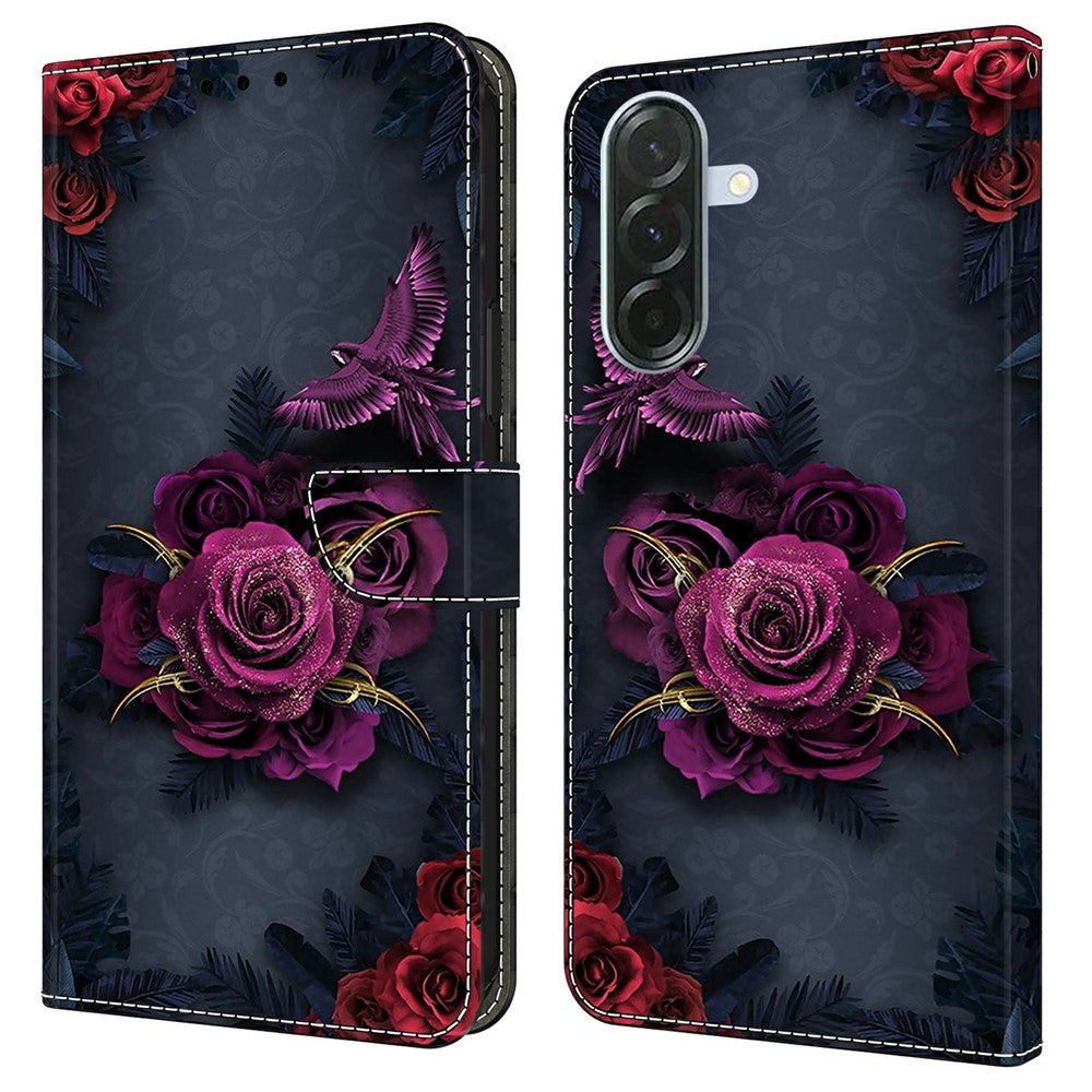 For Samsung Galaxy A57 5G Wallet Case Pattern Printing PU Leather Flip Stand Phone Cover - Bright Purple Flowers