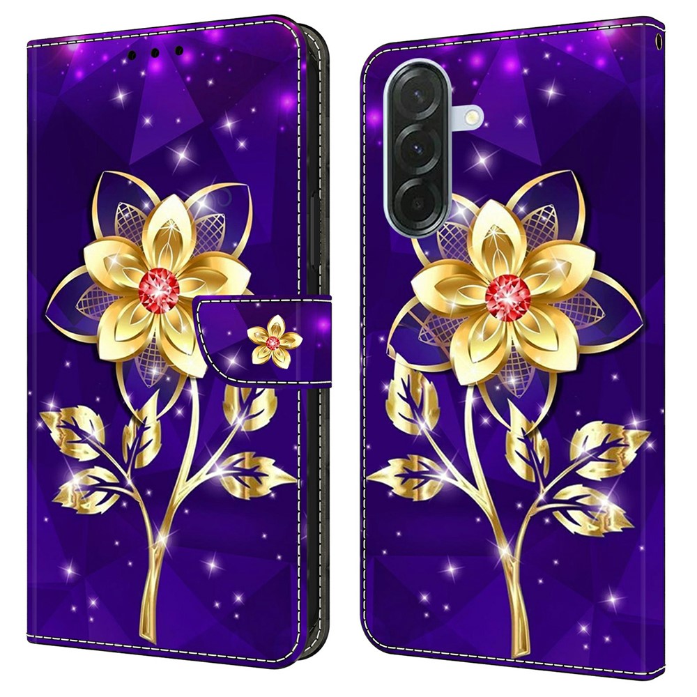 For Samsung Galaxy A57 5G Wallet Case Pattern Printing PU Leather Flip Stand Phone Cover - Golden Flowers on Purple