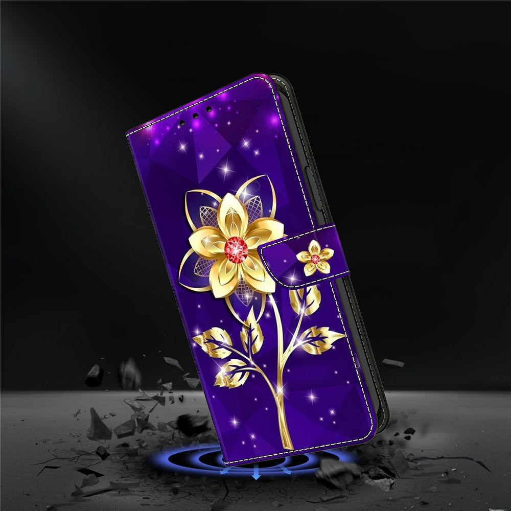 For Samsung Galaxy A57 5G Wallet Case Pattern Printing PU Leather Flip Stand Phone Cover - Golden Flowers on Purple