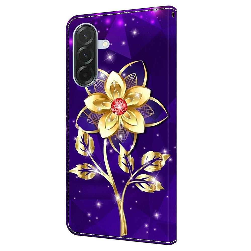 For Samsung Galaxy A57 5G Wallet Case Pattern Printing PU Leather Flip Stand Phone Cover - Golden Flowers on Purple