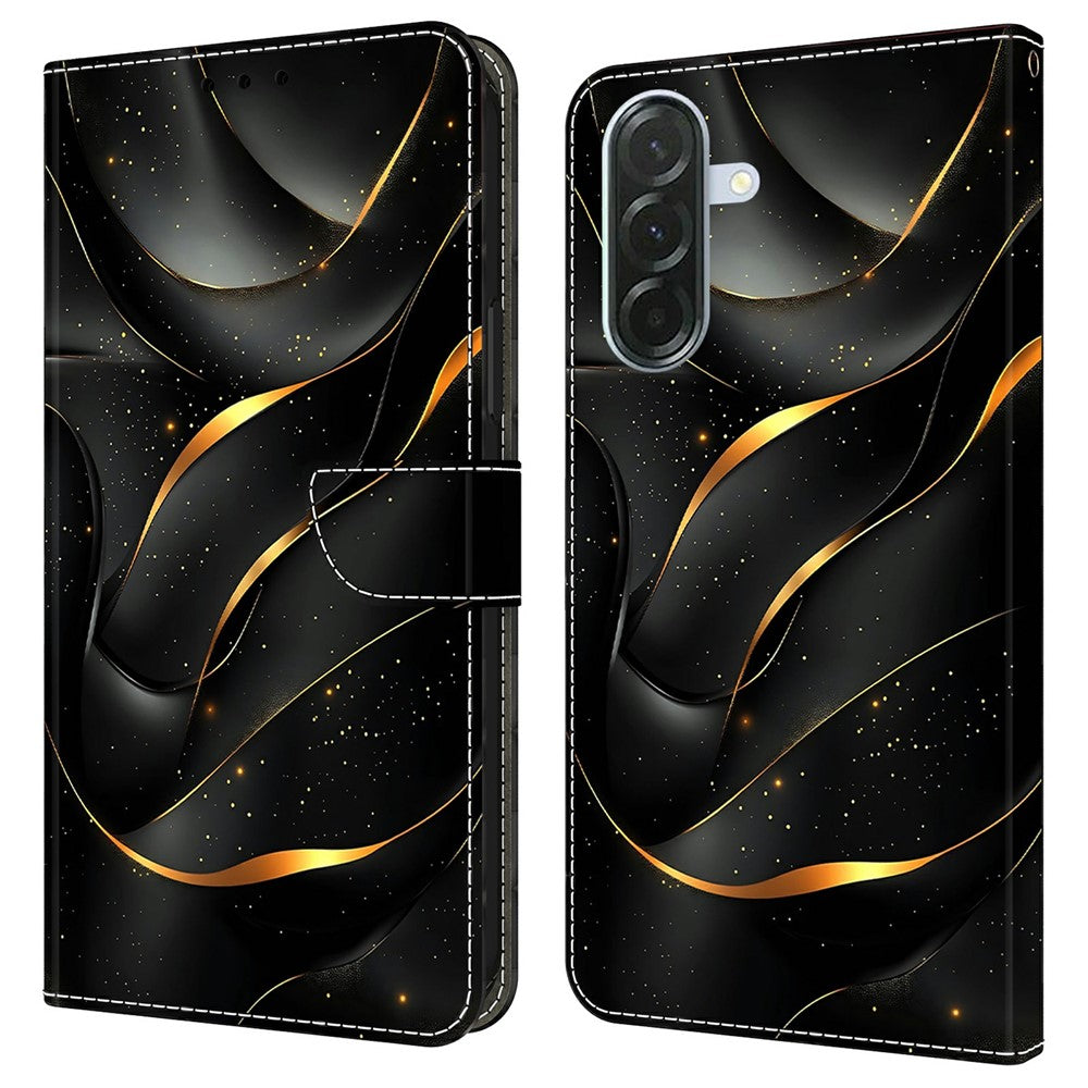 For Samsung Galaxy A57 5G Case Foldable Stand Wallet Pattern Printing PU Leather Flip Phone Cover - Golden Ribbon