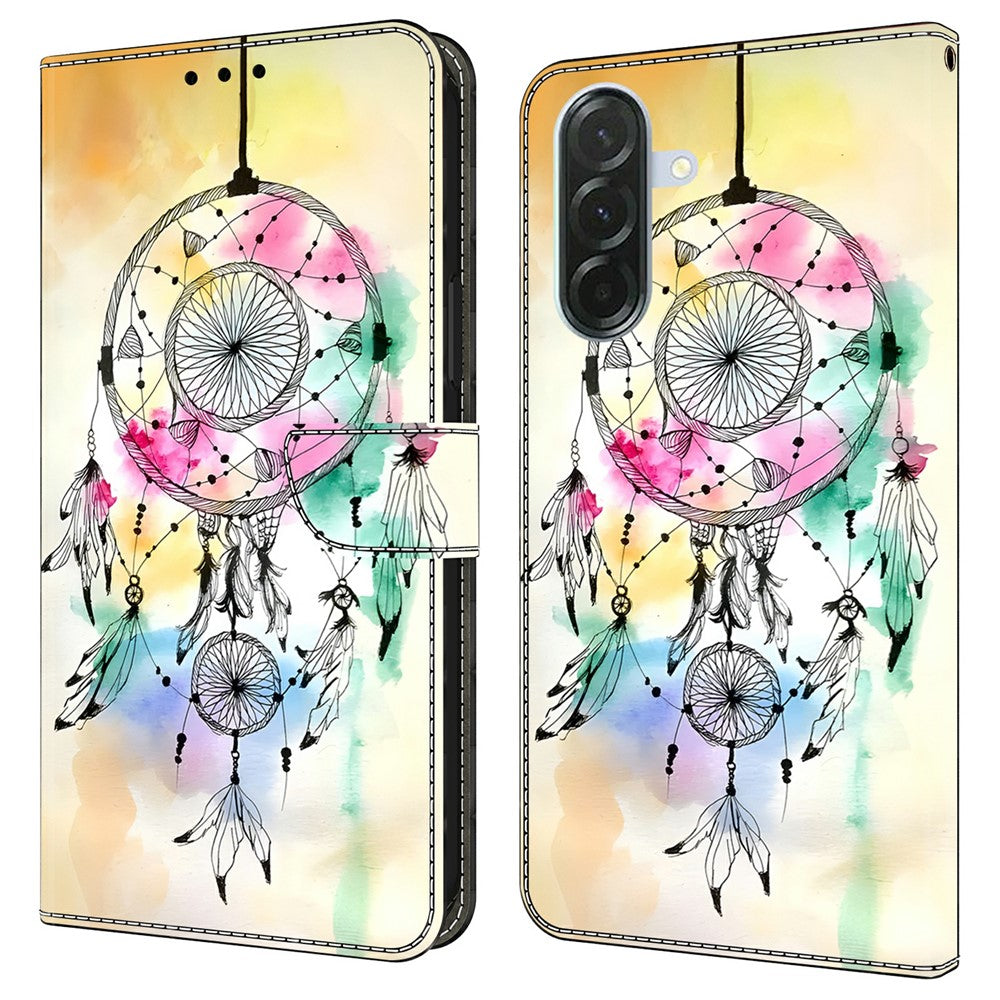 For Samsung Galaxy A57 5G Case Foldable Stand Wallet Pattern Printing PU Leather Flip Phone Cover - Ink Feather Dreamcatcher