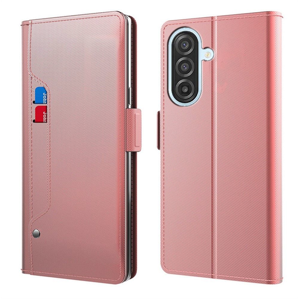 For Samsung Galaxy A57 5G Case Stand PU Leather Phone Cover Card Holder Mirror - Rose Gold