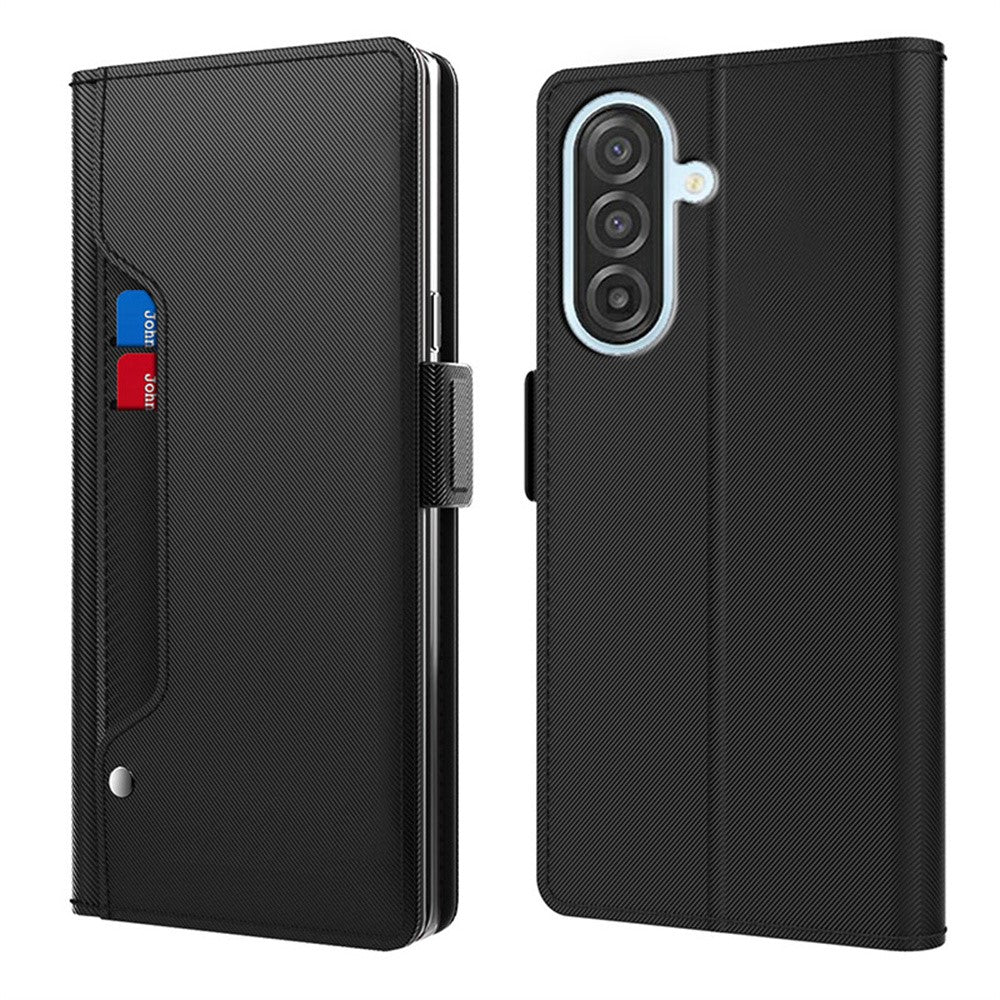 For Samsung Galaxy A57 5G Case Stand PU Leather Phone Cover Card Holder Mirror - Black