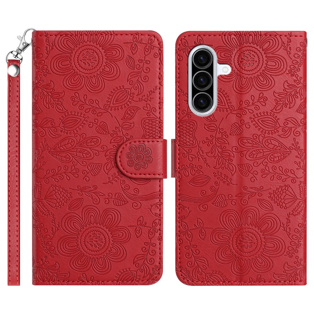 For Samsung Galaxy A57 5G Case Flower Imprint Leather Flip Wallet Phone Cover with Wrist Strap - Red