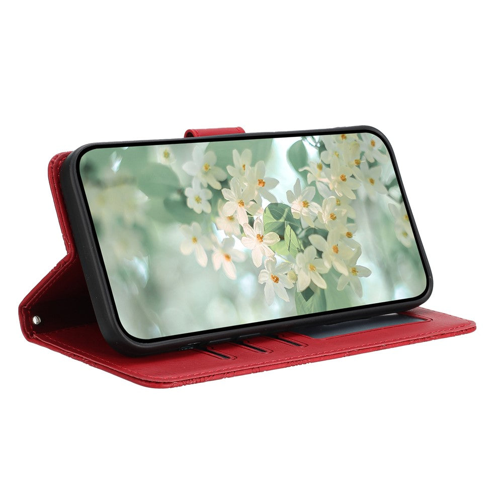 For Samsung Galaxy A57 5G Case Flower Imprint Leather Flip Wallet Phone Cover with Wrist Strap - Red
