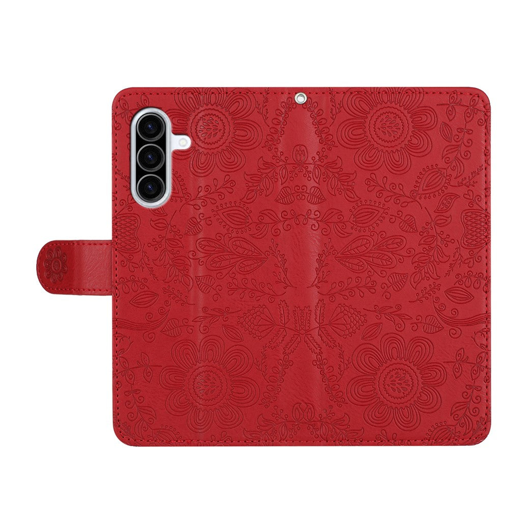 For Samsung Galaxy A57 5G Case Flower Imprint Leather Flip Wallet Phone Cover with Wrist Strap - Red